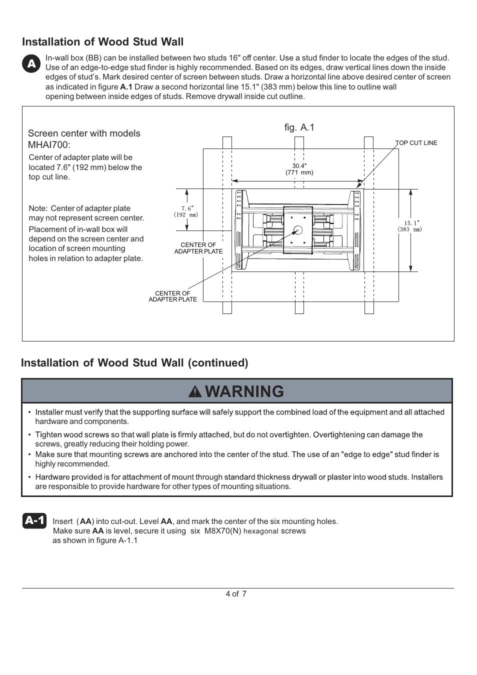 Warning, Installation of wood stud wall a, Installation of wood stud wall (continued) | Monoprice 6519 MHAI-700 User Manual | Page 4 / 7