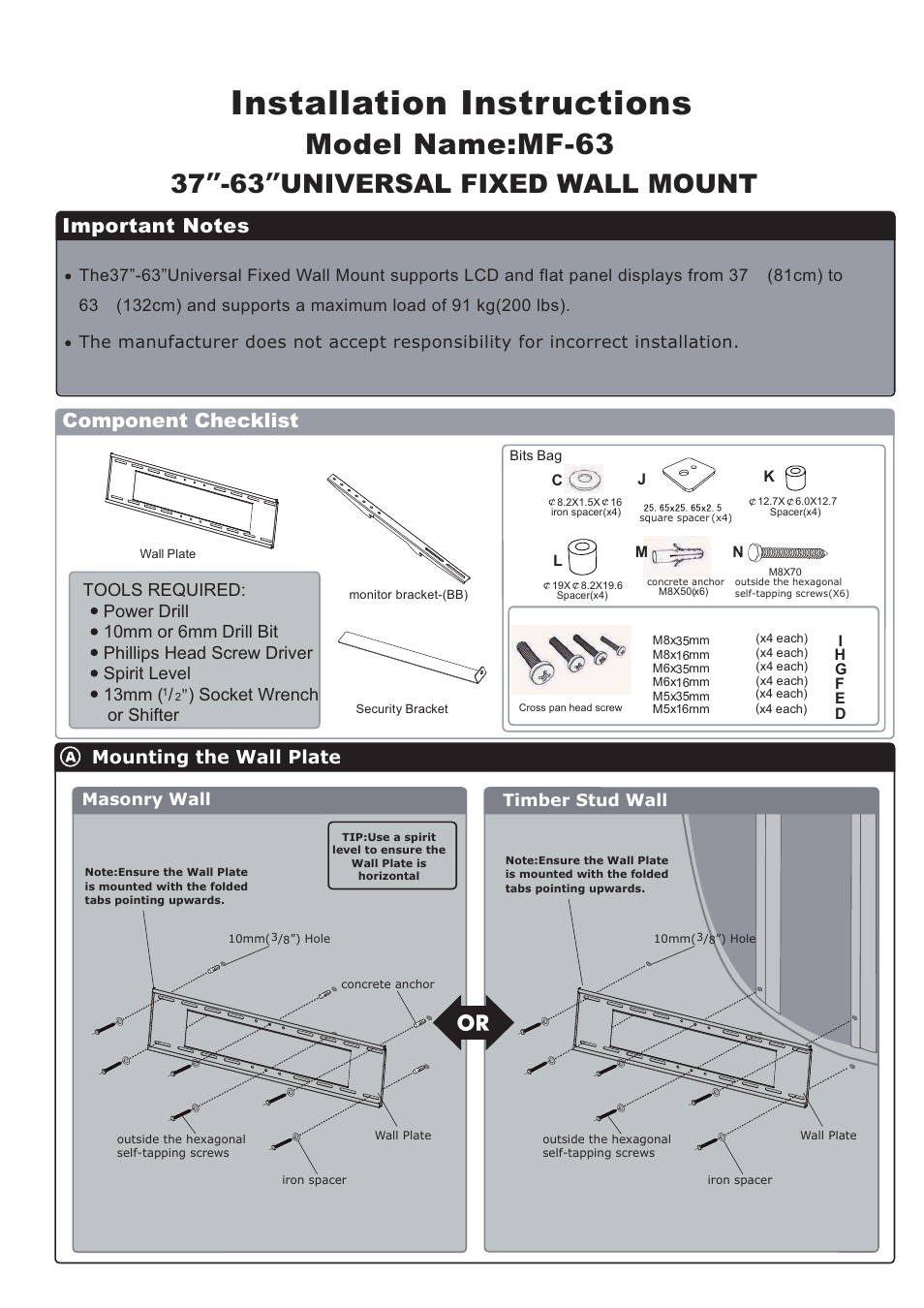 Installation instructions, Model name:mf-63, 37 ” -63 ” universal fixed wall mount | Component checklist, Mounting the wall plate, Socket wrench or shifter, Masonry wall, Timber stud wall | Monoprice 6523 MF-63 User Manual | Page 2 / 3