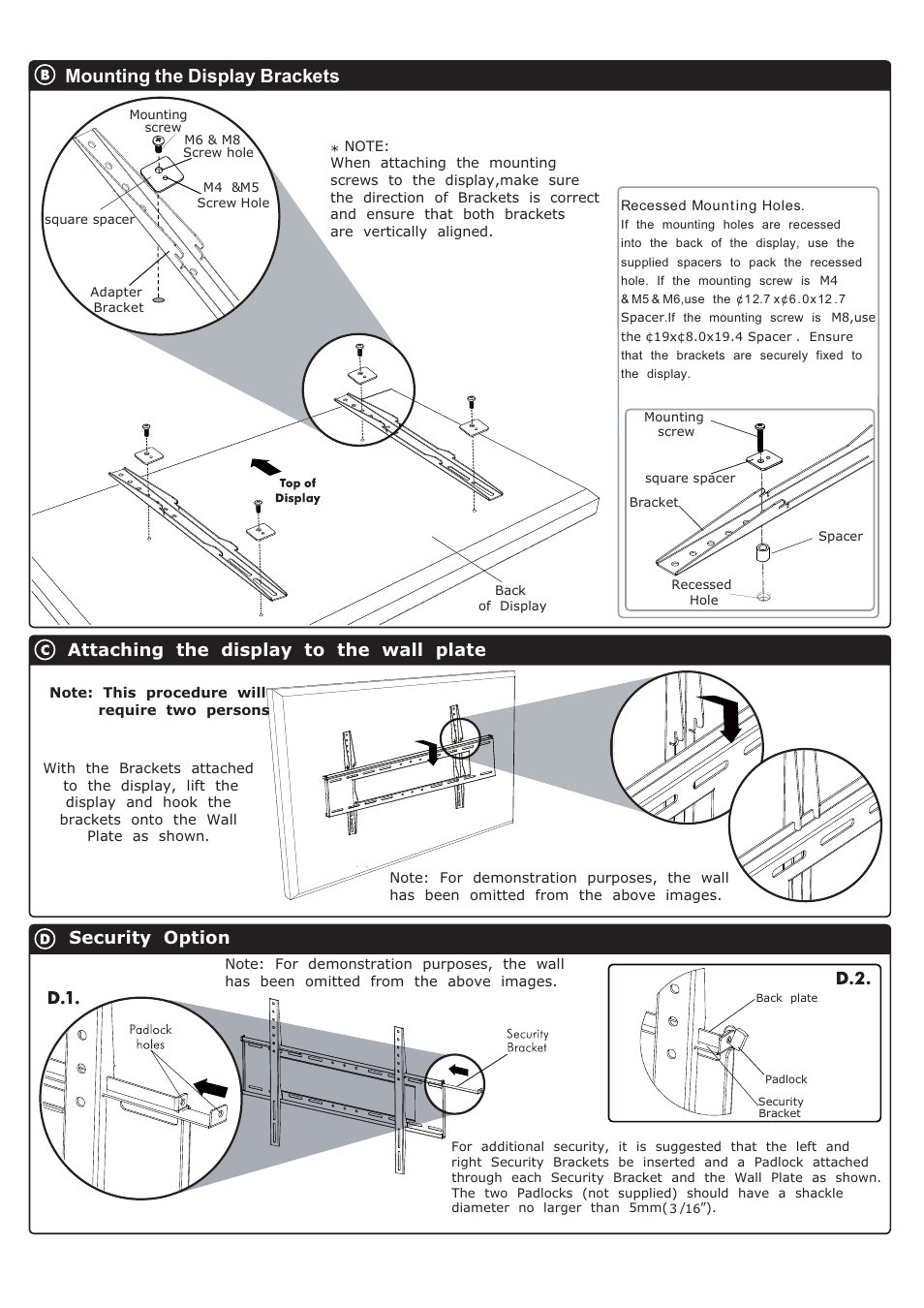 Mounting the display brackets, Attaching the display to the wall plate, Security option | Monoprice 6523 MF-63 User Manual | Page 3 / 3