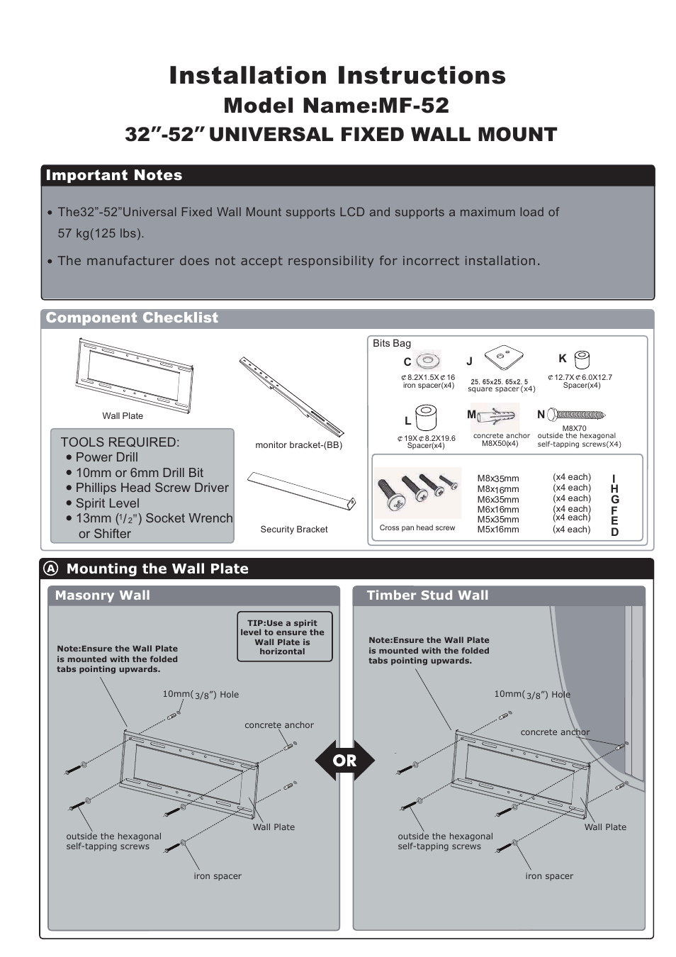 Installation instructions, Model name:mf-52, 32 ” -52 ” universal fixed wall mount | Component checklist, Mounting the wall plate, Socket wrench or shifter, Timber stud wall masonry wall | Monoprice 6522 MF-52 User Manual | Page 2 / 3