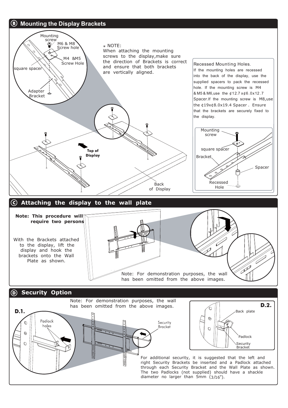 Mounting the display brackets, Attaching the display to the wall plate, Security option | Monoprice 6522 MF-52 User Manual | Page 3 / 3