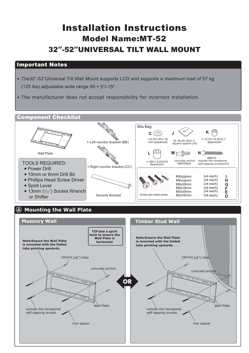 Installation instructions, Model name:mt-52, 32 ” -52 ” universal tilt wall mount | Component checklist, Mounting the wall plate, ʾ) socket wrench or shifter | Monoprice 6526 MT-52 User Manual | Page 2 / 3
