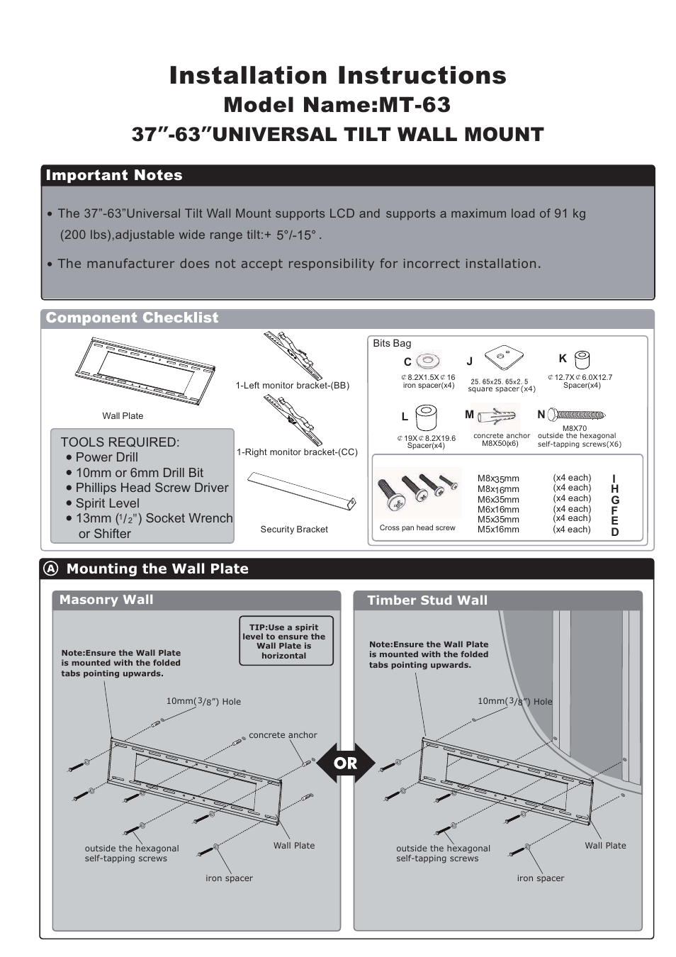 Installation instructions, Model name:mt-63, 37 ” -63 ” universal tilt wall mount | Component checklist, Mounting the wall plate, ʾ) socket wrench or shifter | Monoprice 6527 MT-63 User Manual | Page 2 / 3
