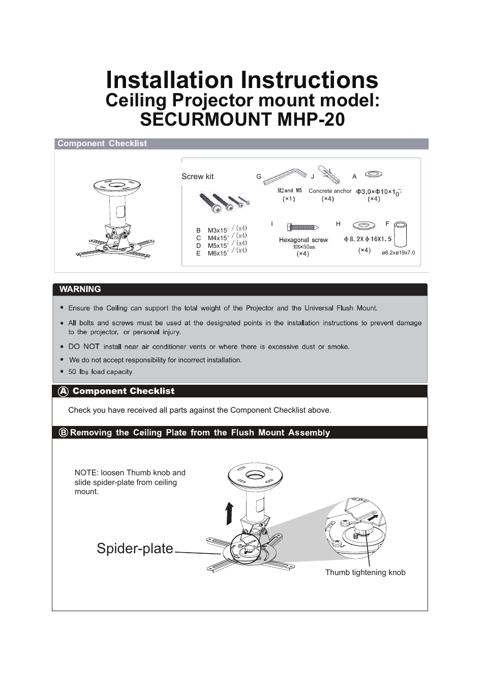 Installation instructions, Ceiling projector mount model: securmount mhp-20, Spider-plate | Monoprice 6528MHP-20 User Manual | Page 2 / 5