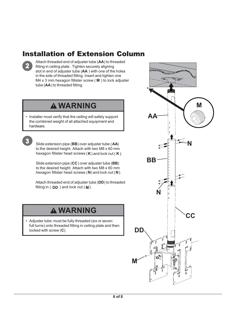 Warning, Installation of extension column, Aa m cc dd m n bb n | Monoprice 6530 MHP-40 User Manual | Page 6 / 8