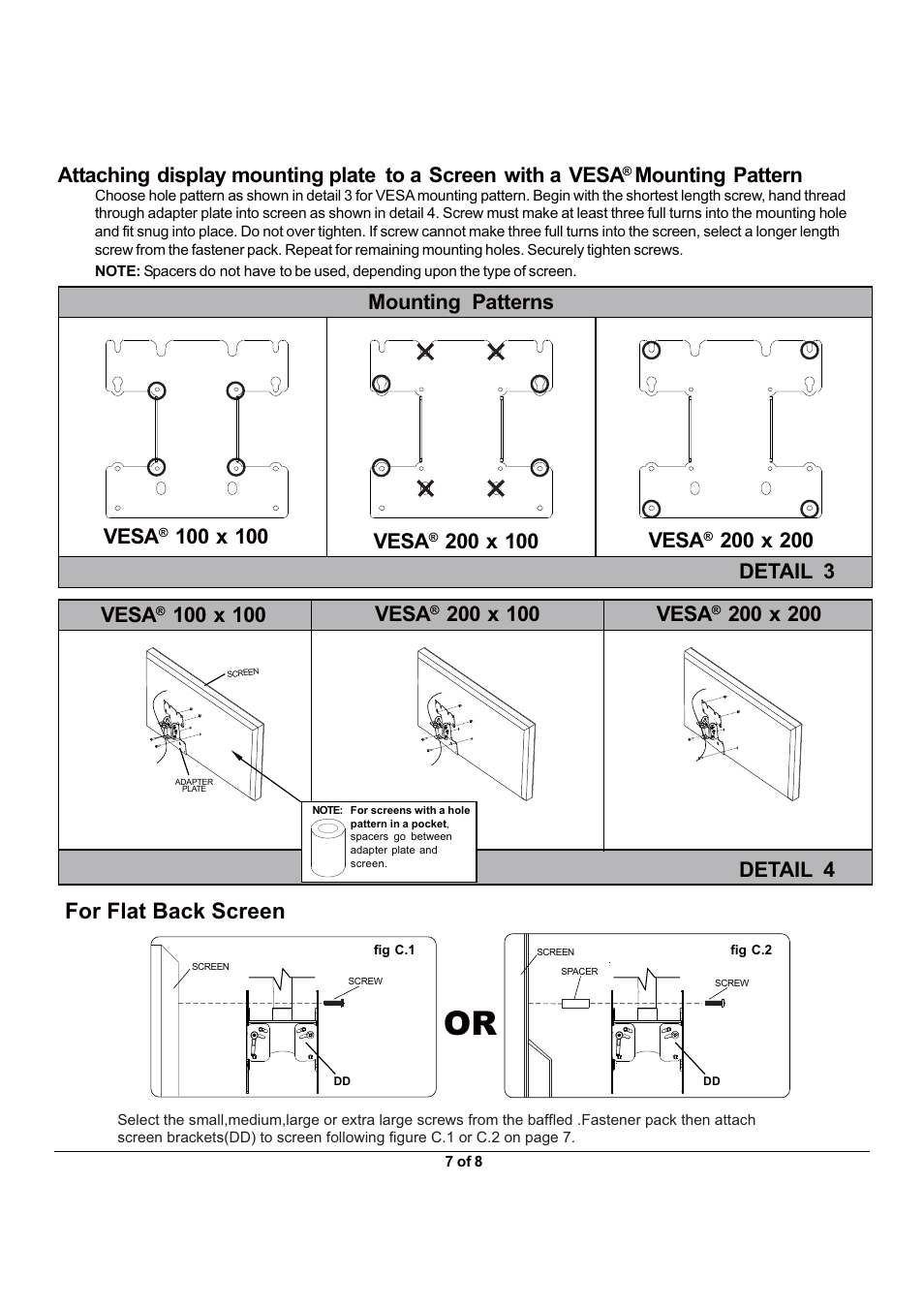 For flat back screen, Mounting pattern mounting patterns vesa, Detail 3 detail 4 | Monoprice 6530 MHP-40 User Manual | Page 7 / 8