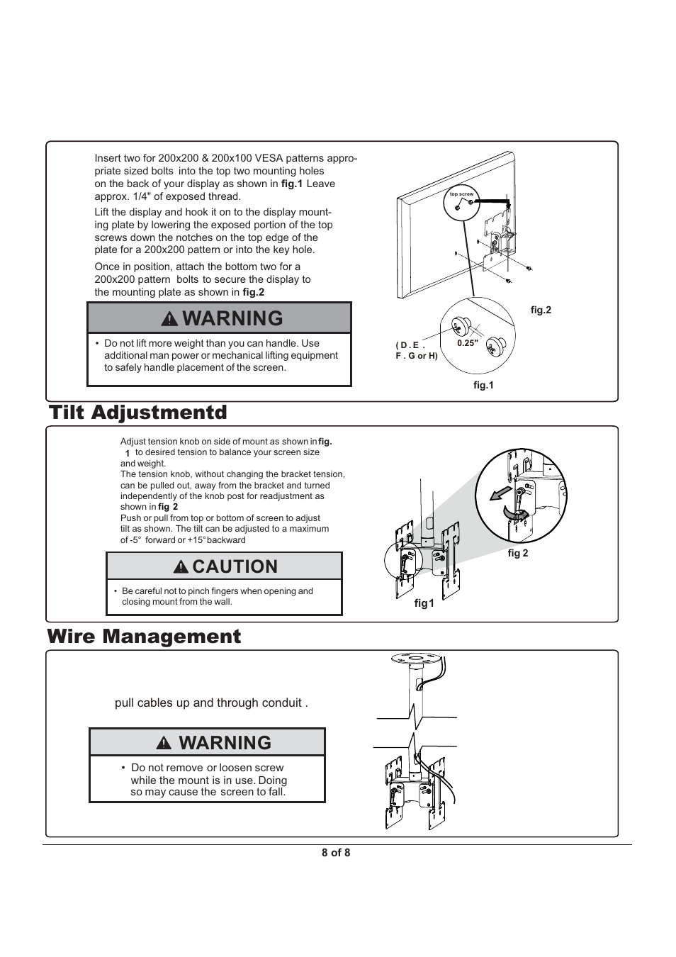 Warning, Wire management tilt adjustmentd, Caution | Monoprice 6530 MHP-40 User Manual | Page 8 / 8