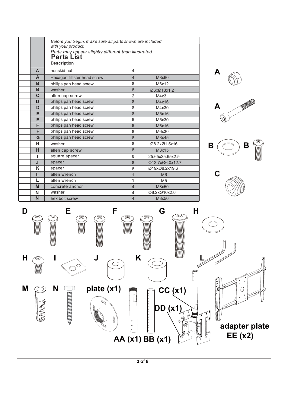 Parts list | Monoprice 6531 MHP-52 User Manual | Page 3 / 8