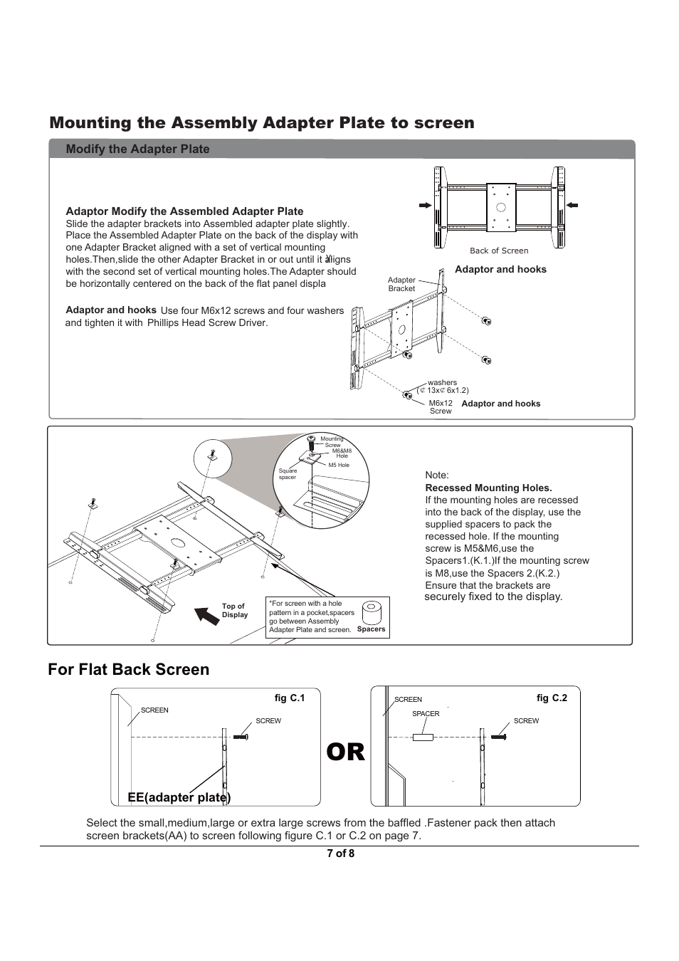 Mounting the assembly adapter plate to screen, For flat back screen, Modify the adapter plate | Ee(adapter plate) | Monoprice 6531 MHP-52 User Manual | Page 7 / 8