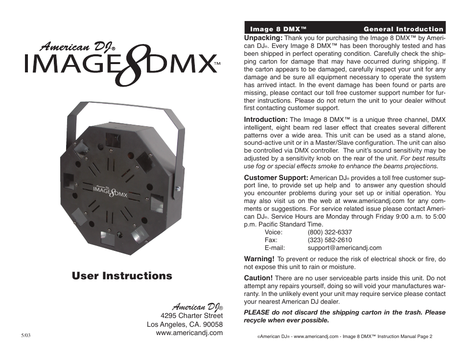 American DJ IMAGE 8 DMX User Manual | 9 pages