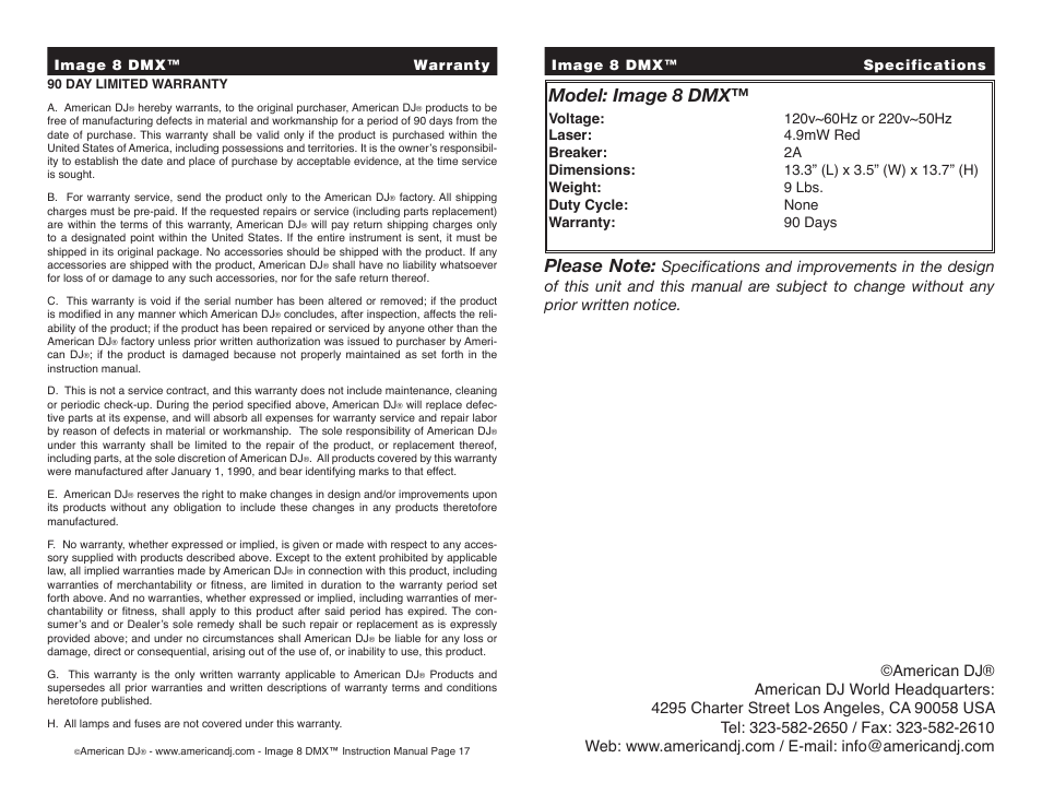 Model: image 8 dmx | American DJ IMAGE 8 DMX User Manual | Page 9 / 9