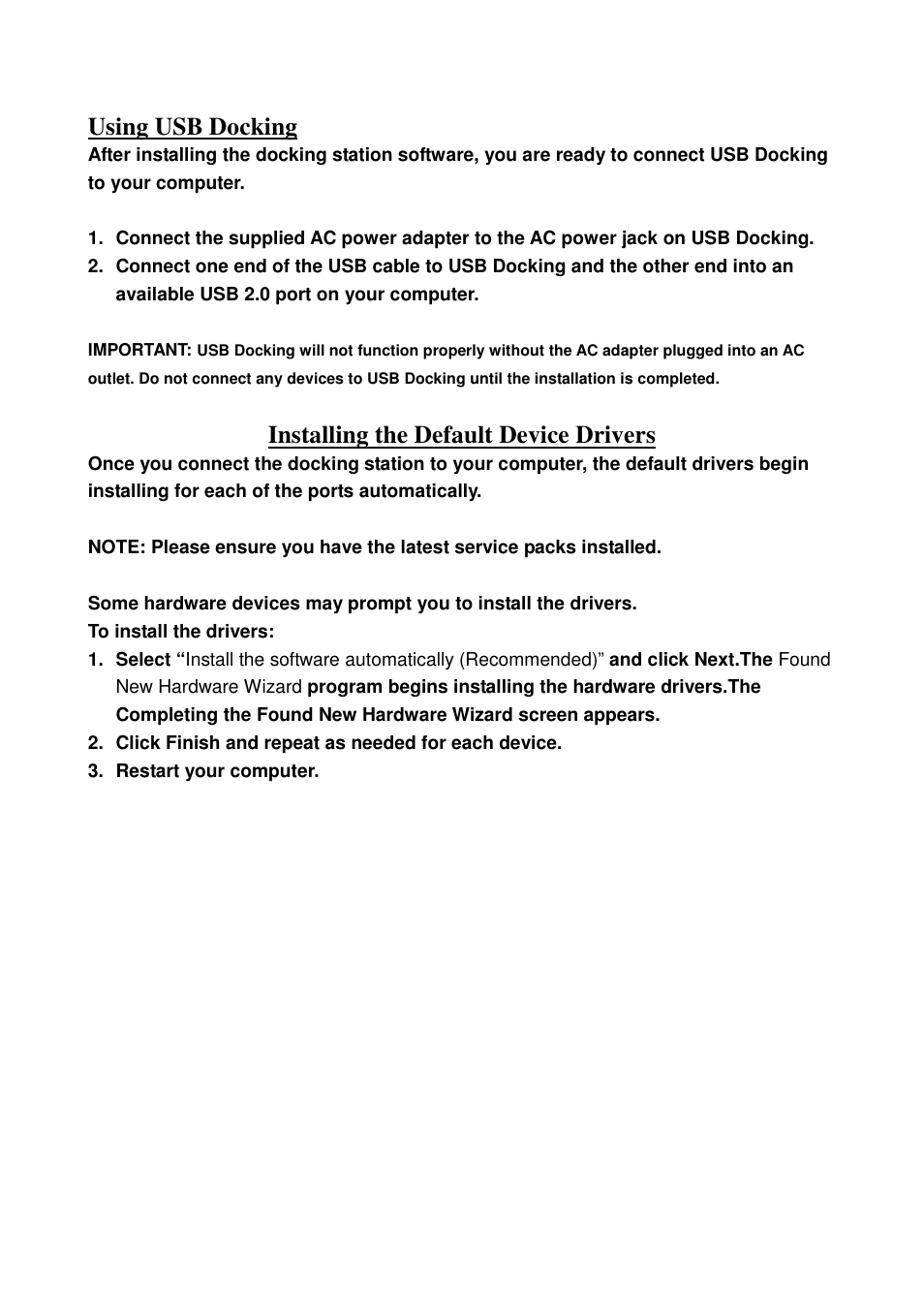 Using usb docking, Installing the default device drivers | Monoprice 5146 Universal USB Docking Station User Manual | Page 10 / 10