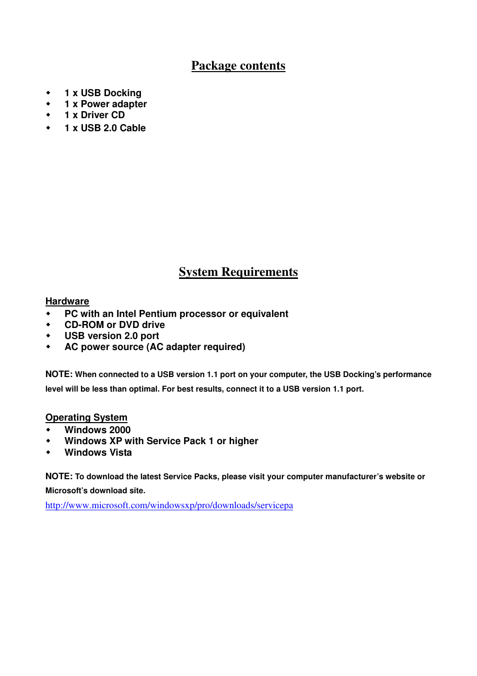 Package contents, System requirements | Monoprice 5146 Universal USB Docking Station User Manual | Page 2 / 10