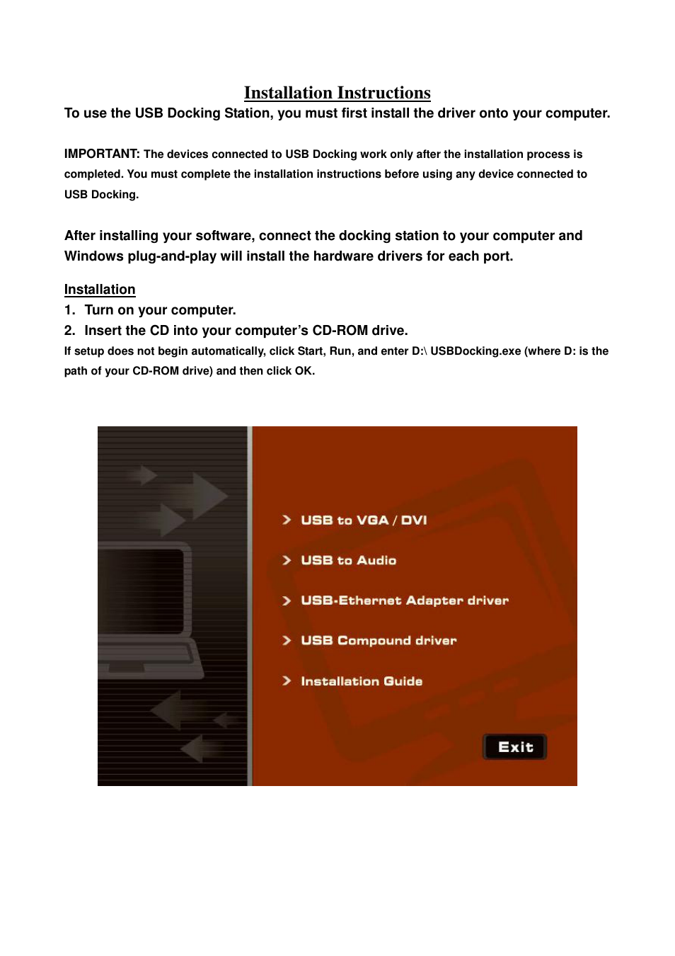 Installation instructions | Monoprice 5146 Universal USB Docking Station User Manual | Page 3 / 10