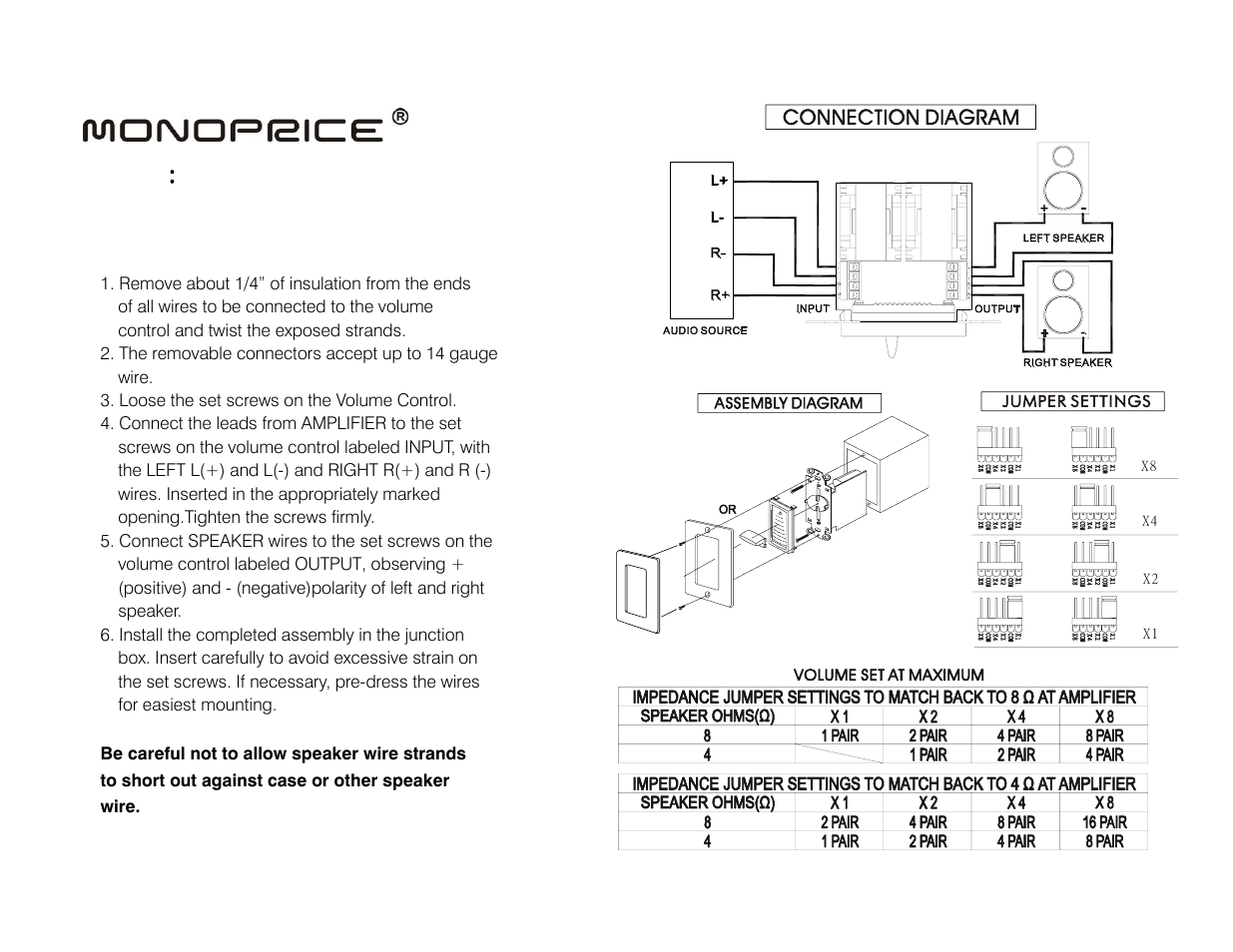 Monoprice 6031 Speaker Volume Control User Manual | 1 page