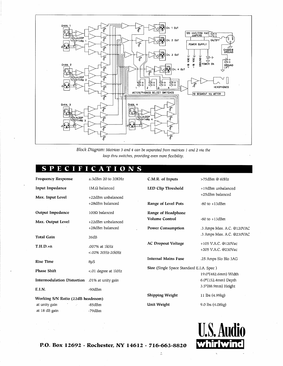 Specifications, U.s. audio, Iwhirlwindl | American DJ Mix 44 User Manual | Page 4 / 4