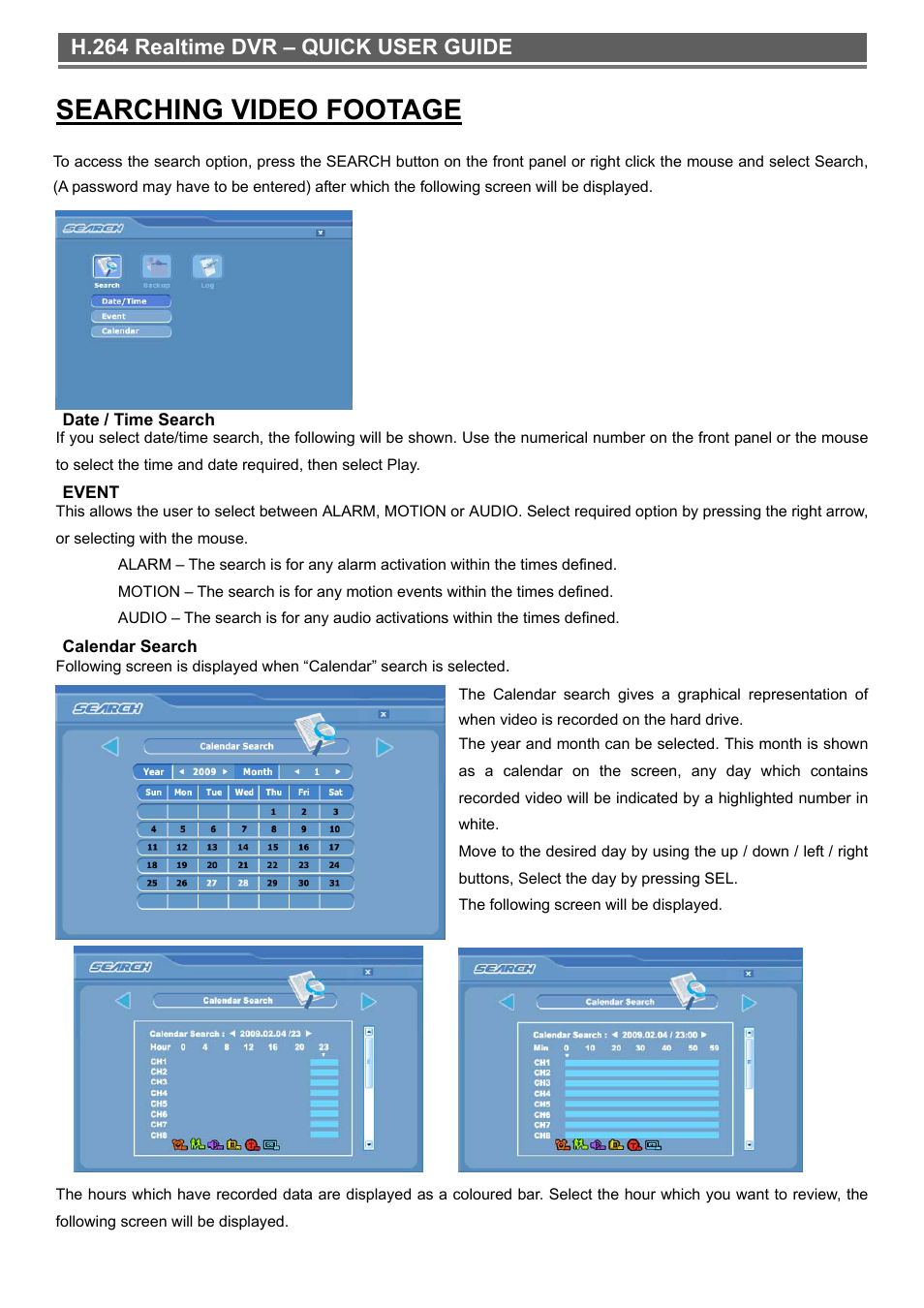 Searching video footage, H.264 realtime dvr – quick user guide | Monoprice 6661 16-channel H.264 Digital Video Recorder with DVD-RW User Manual | Page 10 / 16