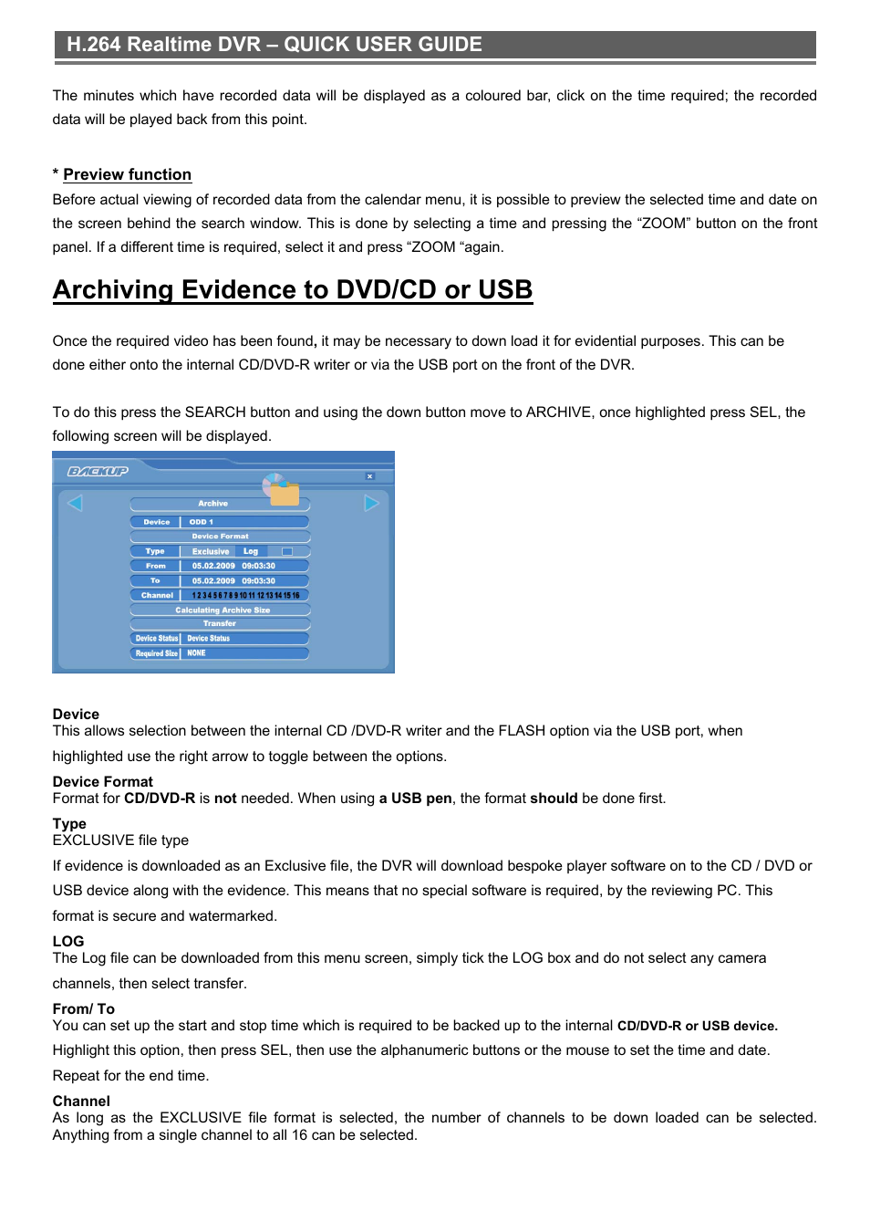 Archiving evidence to dvd/cd or usb, H.264 realtime dvr – quick user guide | Monoprice 6661 16-channel H.264 Digital Video Recorder with DVD-RW User Manual | Page 11 / 16