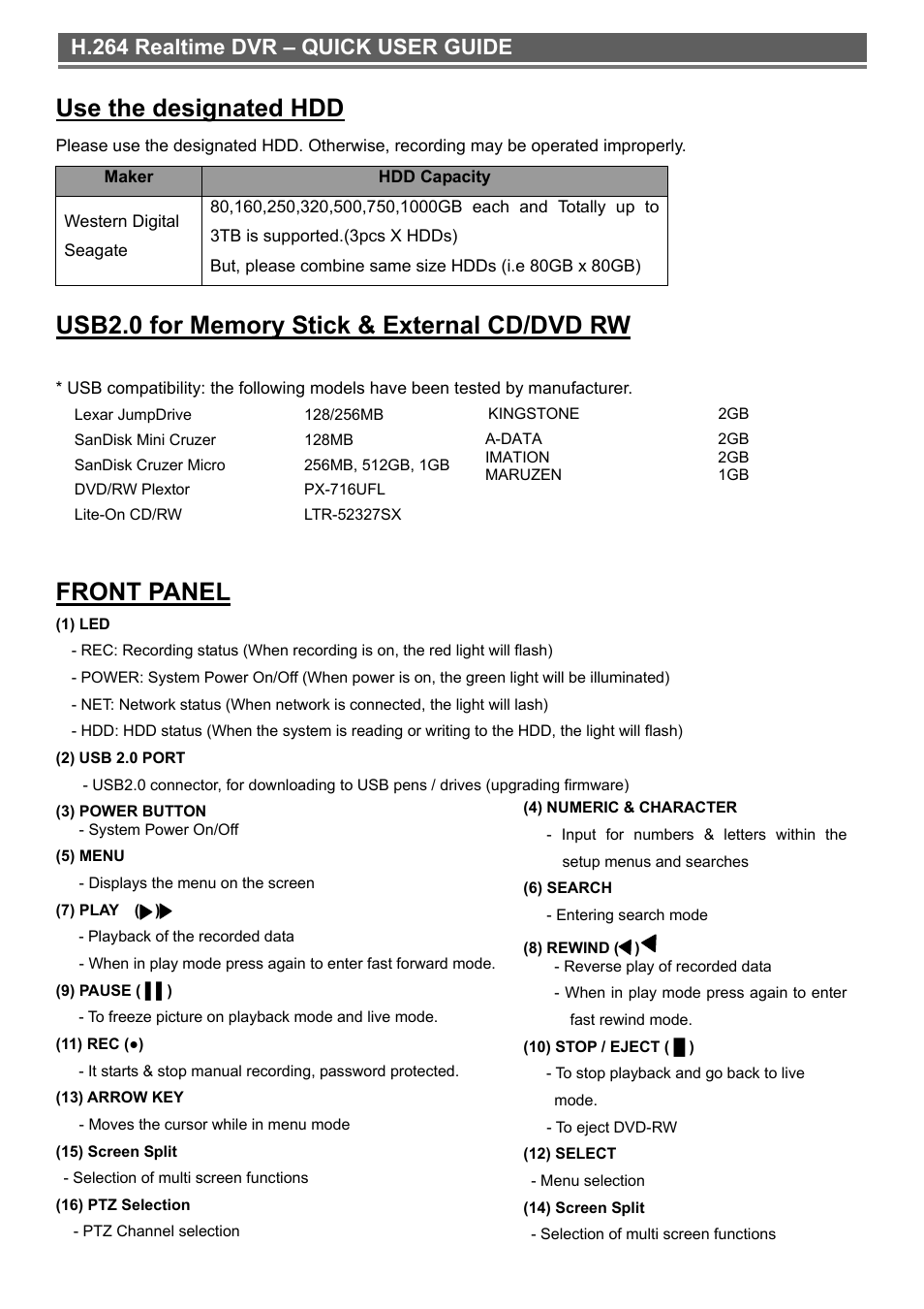 Use the designated hdd, Front panel, H.264 realtime dvr – quick user guide | Monoprice 6661 16-channel H.264 Digital Video Recorder with DVD-RW User Manual | Page 2 / 16