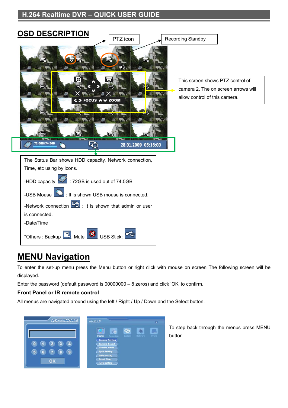 Menu navigation, Osd description, H.264 realtime dvr – quick user guide | Monoprice 6661 16-channel H.264 Digital Video Recorder with DVD-RW User Manual | Page 5 / 16