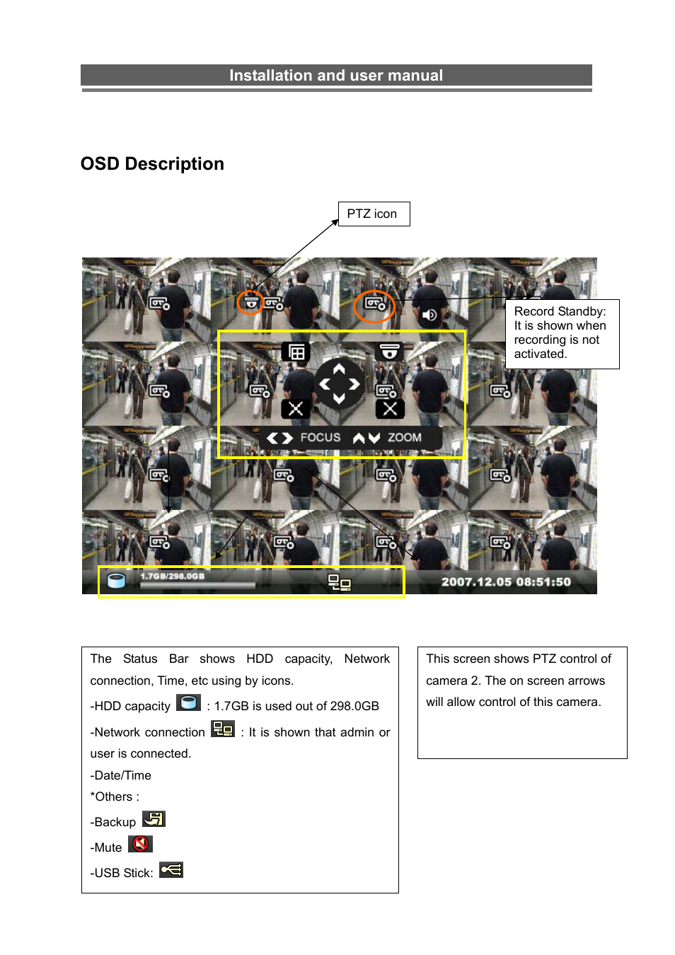 Osd description, Installation and user manual | Monoprice 6660 8-channel Security DVR User Manual | Page 15 / 100