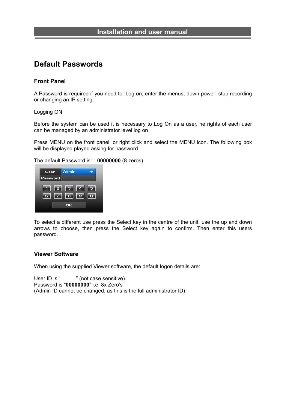 Default passwords, Installation and user manual | Monoprice 6660 8-channel Security DVR User Manual | Page 18 / 100