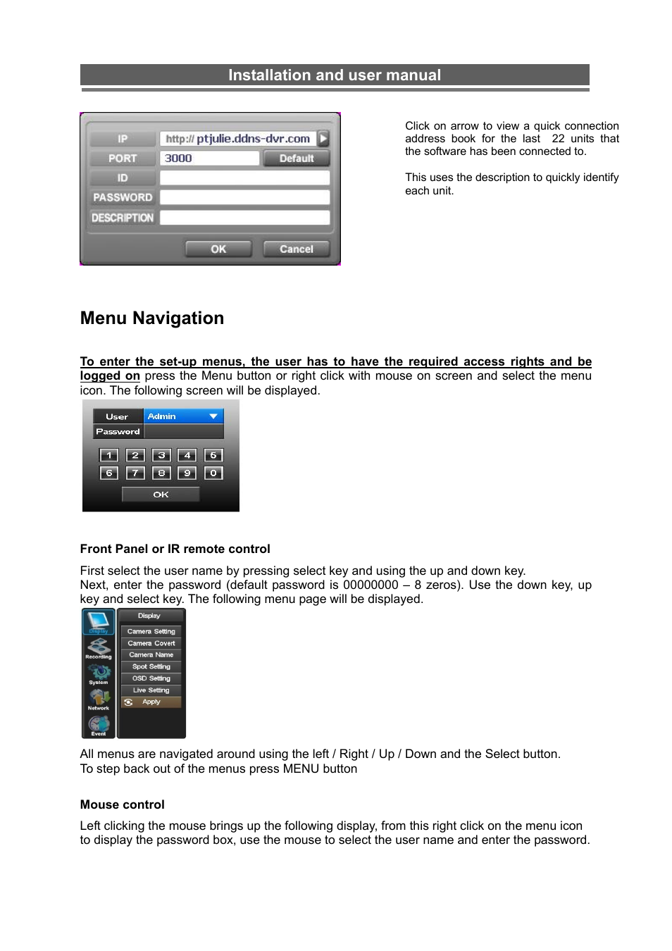 Menu navigation, Installation and user manual | Monoprice 6660 8-channel Security DVR User Manual | Page 19 / 100