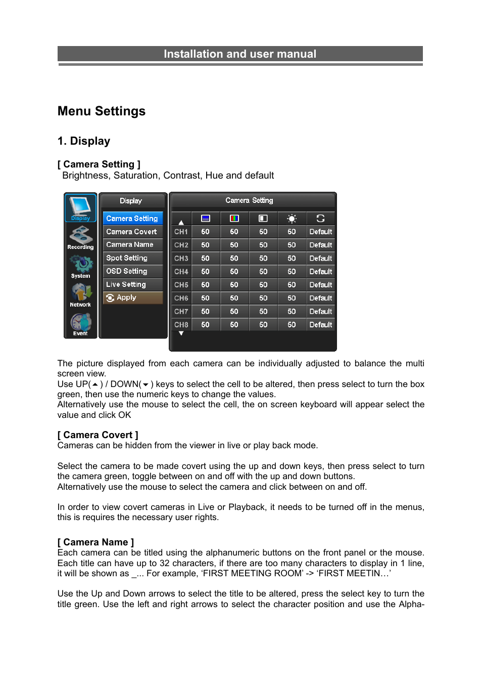 Menu settings, Installation and user manual, Display | Monoprice 6660 8-channel Security DVR User Manual | Page 22 / 100