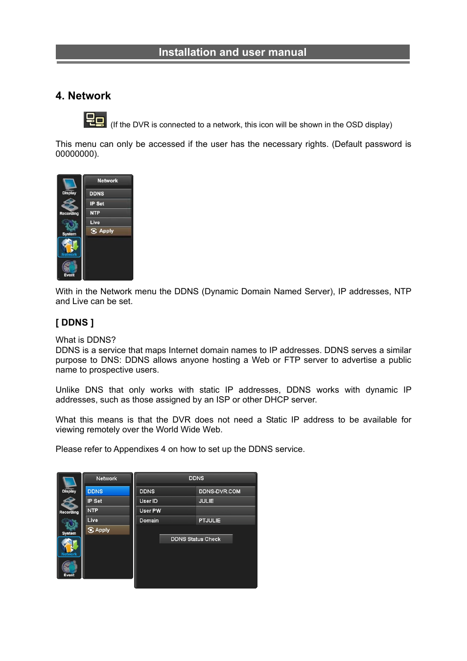 Installation and user manual, Network | Monoprice 6660 8-channel Security DVR User Manual | Page 47 / 100