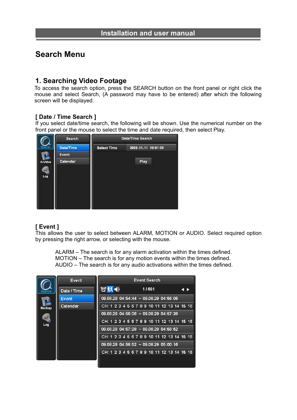 Search menu | Monoprice 6660 8-channel Security DVR User Manual | Page 54 / 100