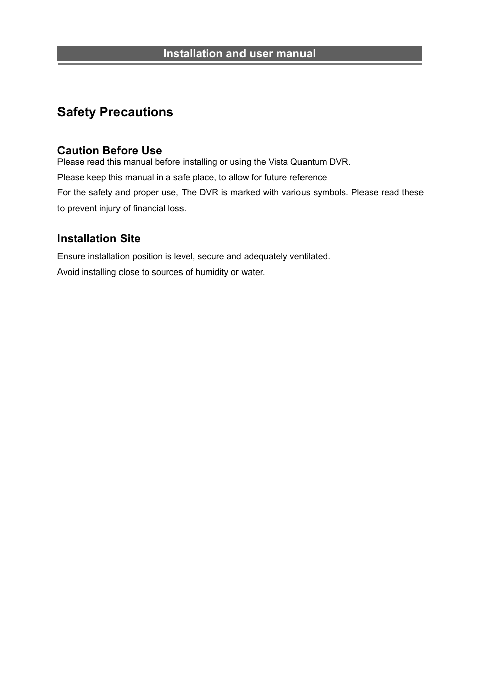 Safety precautions, Installation and user manual, Caution before use | Installation site | Monoprice 6660 8-channel Security DVR User Manual | Page 7 / 100