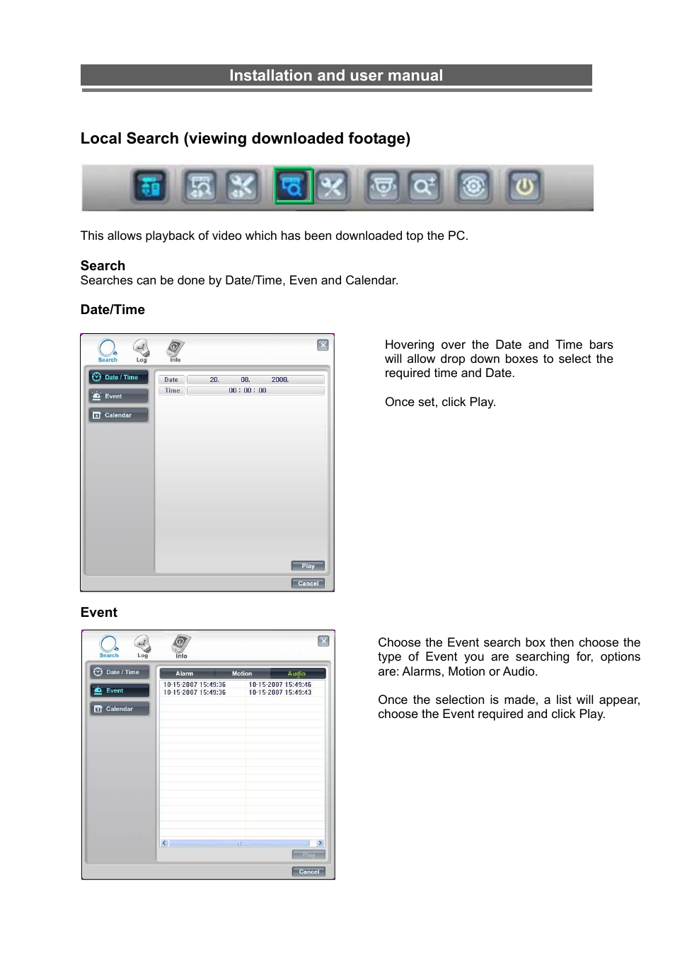 Installation and user manual, Local search (viewing downloaded footage) | Monoprice 6660 8-channel Security DVR User Manual | Page 85 / 100