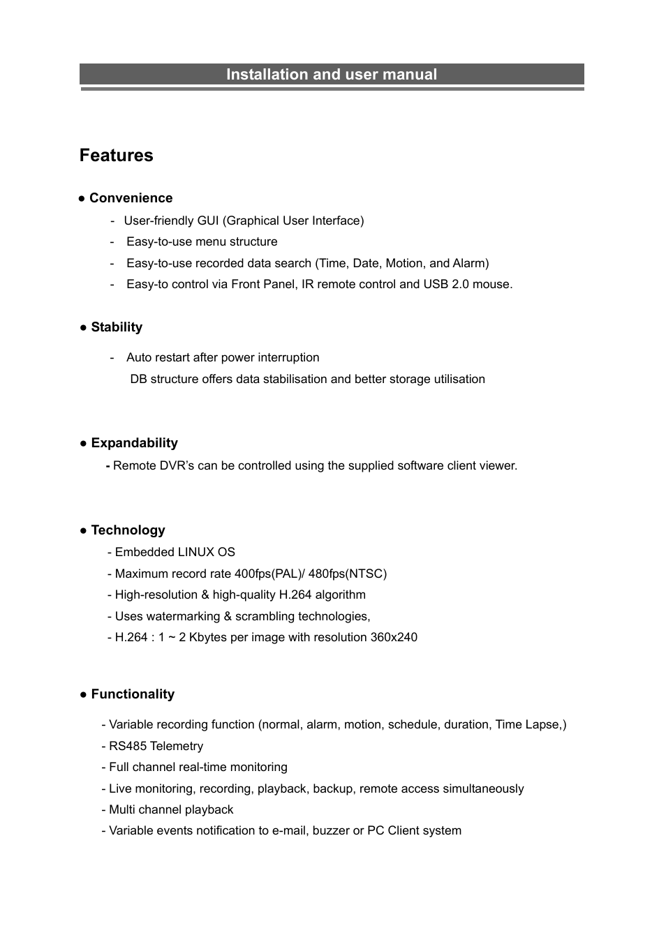 Features, Installation and user manual | Monoprice 6660 8-channel Security DVR User Manual | Page 9 / 100