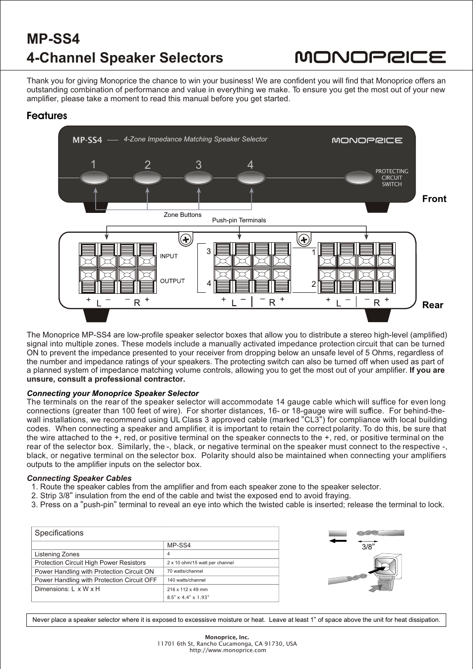 Monoprice 6856 4-channel Speaker Selector User Manual | 1 page