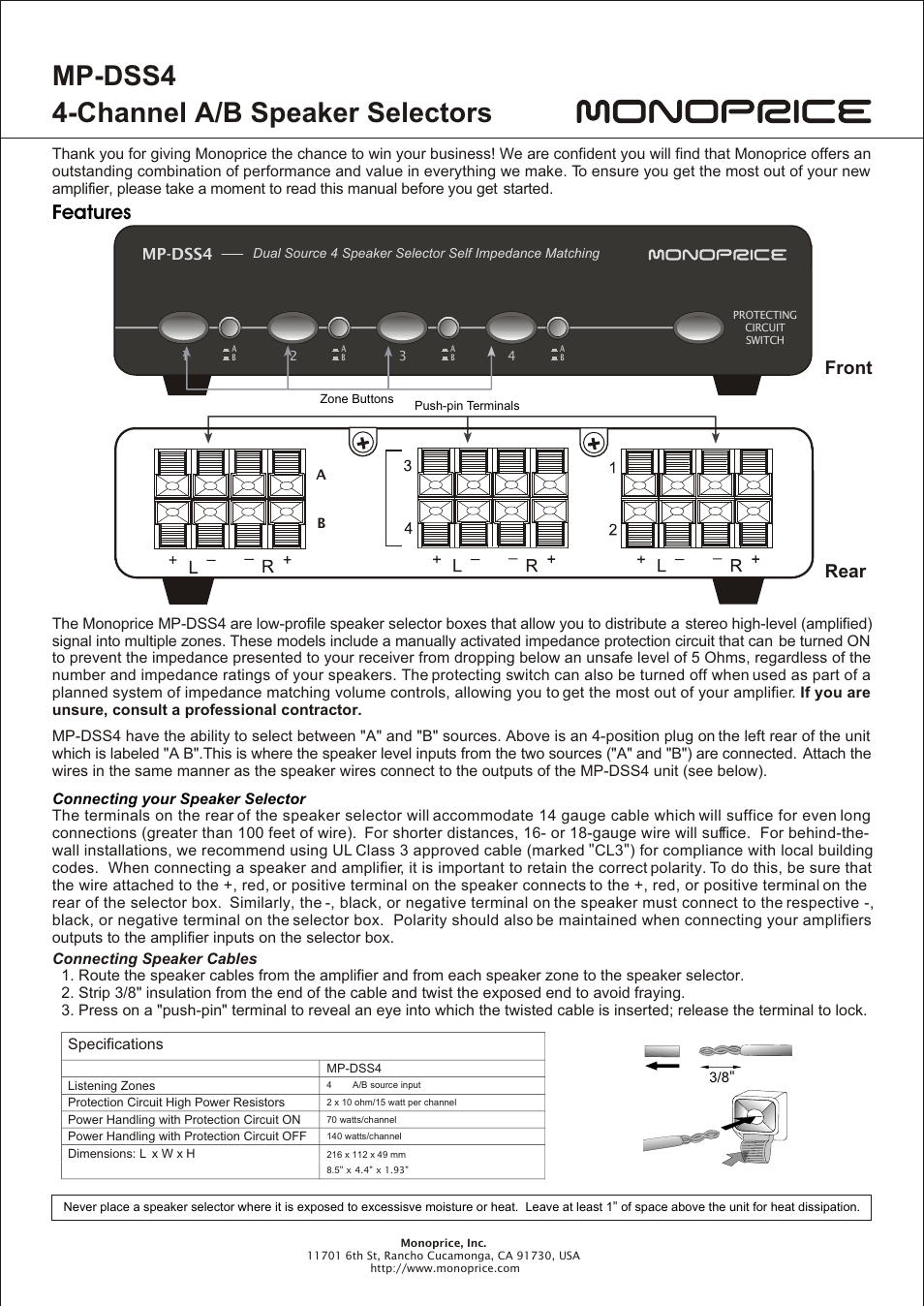 Monoprice 6857 4-channel A/B Speaker Selector User Manual | 1 page