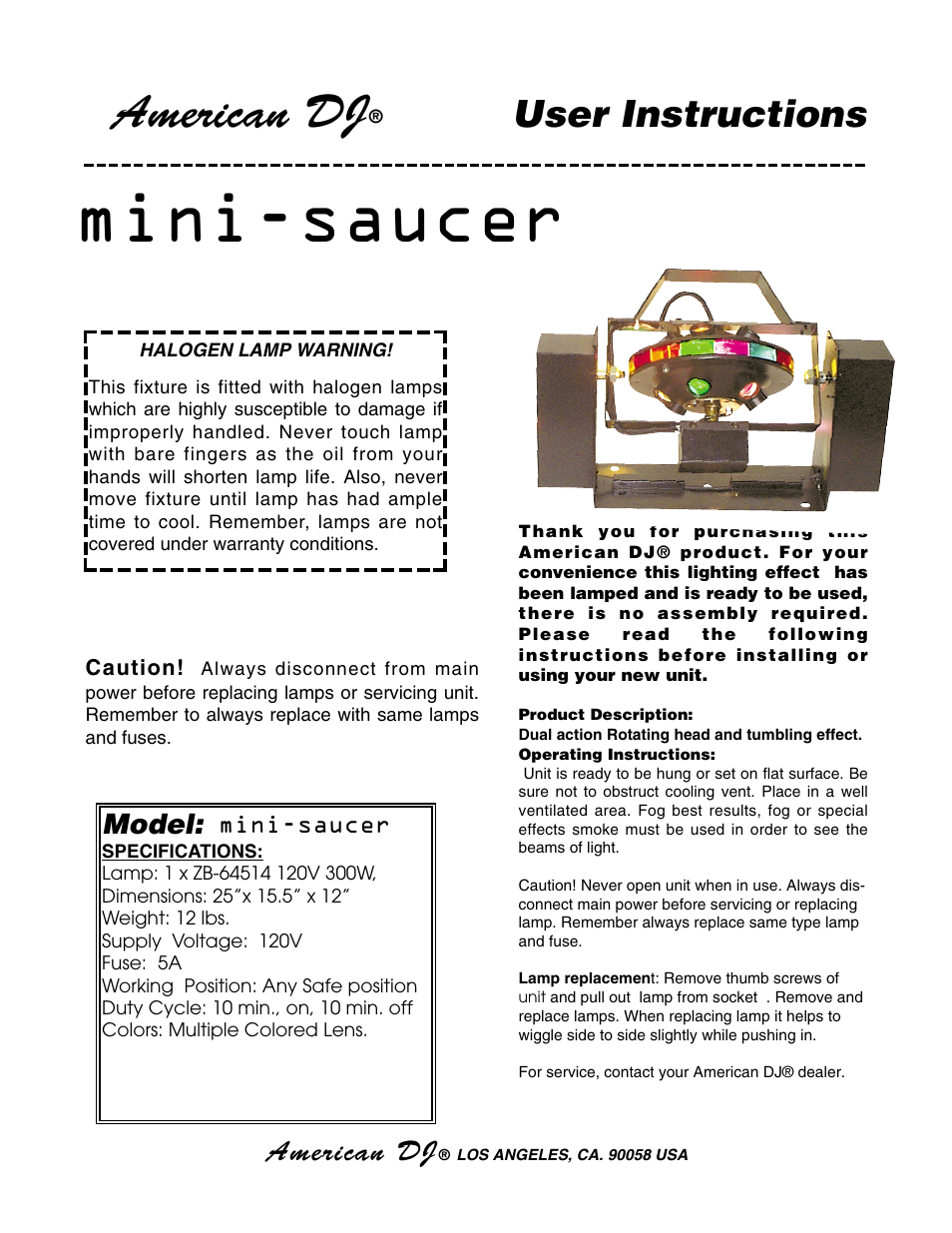 American DJ Mini-Saucer User Manual | 1 page