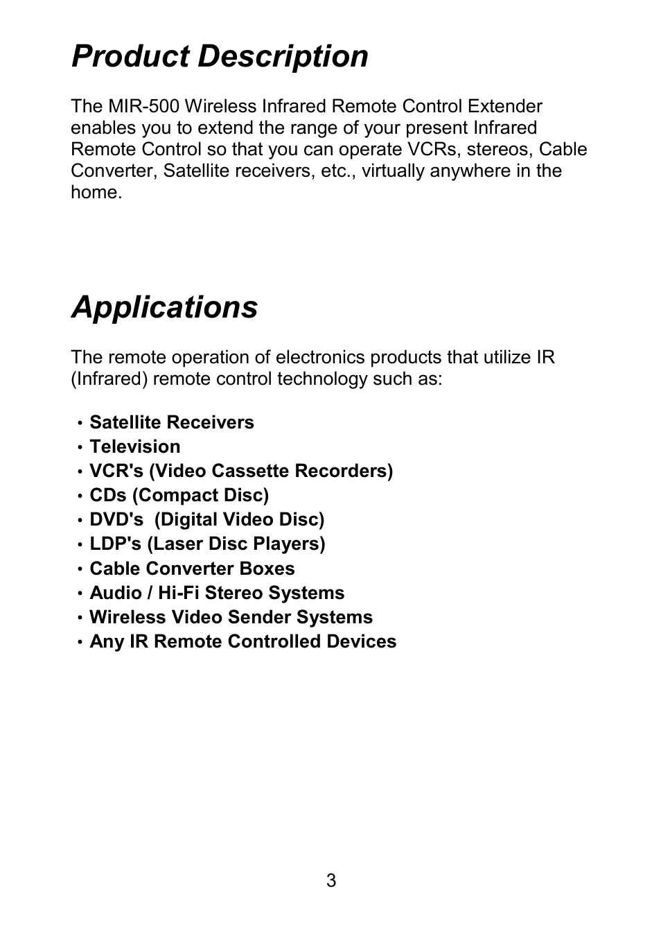 Product description, Applications | Monoprice 7973 Wireless IR Extender User Manual | Page 4 / 8