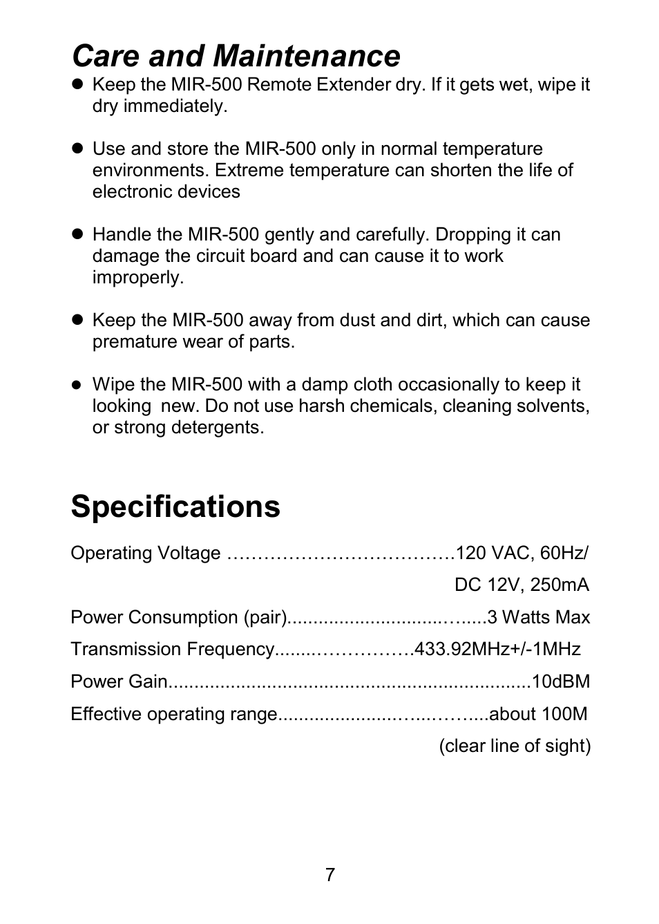 Care and maintenance, Specifications | Monoprice 7973 Wireless IR Extender User Manual | Page 8 / 8