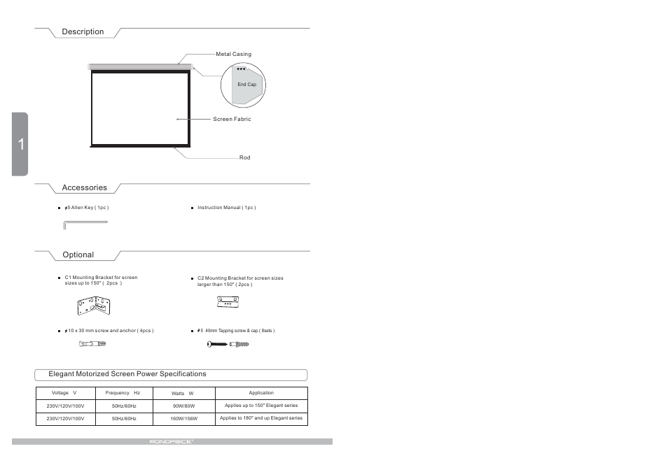 Description, Accessories, Optional | Monoprice 6582 Motorized Projection Screen User Manual | Page 2 / 4