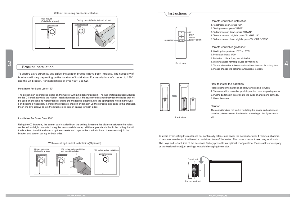 Bracket installation, Instructions | Monoprice 6582 Motorized Projection Screen User Manual | Page 4 / 4