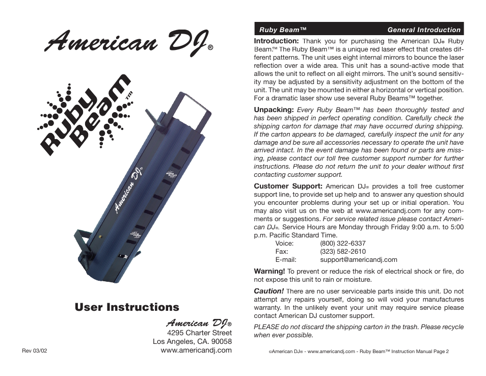 American DJ Ruby Beam User Manual | 4 pages