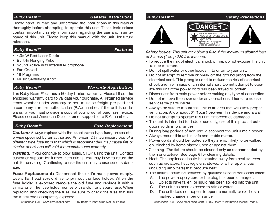 Danger | American DJ Ruby Beam User Manual | Page 2 / 4
