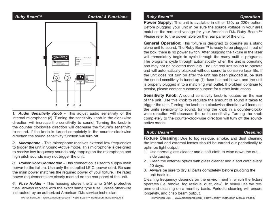Power supply, General operation, Sensitivity knob | Fixture cleaning | American DJ Ruby Beam User Manual | Page 3 / 4