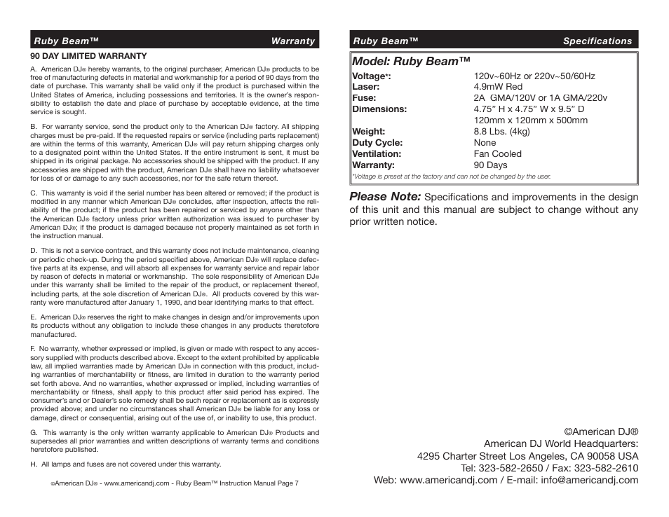 Model: ruby beam | American DJ Ruby Beam User Manual | Page 4 / 4