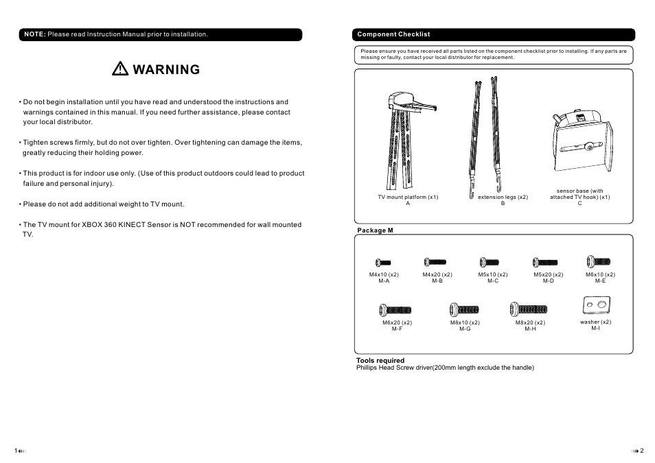 页面 2, Warning | Monoprice 8683 TV Mount for Xbox 360 Kinect User Manual | Page 2 / 4