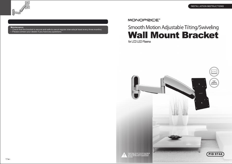 Monoprice 9744 Smooth Motion Wall Mount Bracket User Manual | 6 pages