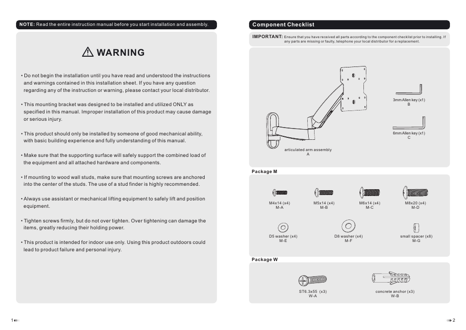 Warning | Monoprice 9744 Smooth Motion Wall Mount Bracket User Manual | Page 2 / 6