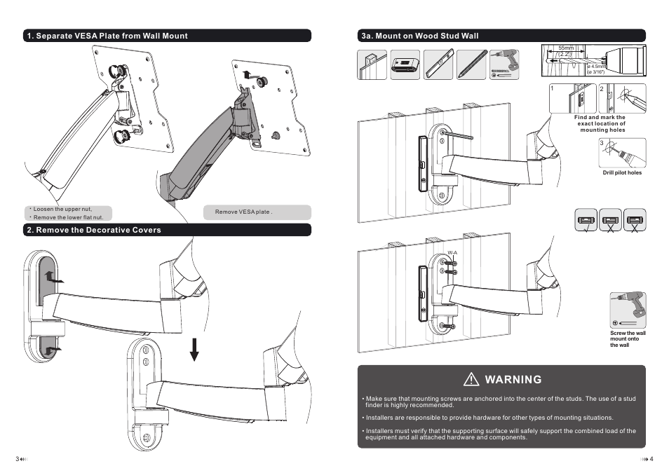 Warning | Monoprice 9744 Smooth Motion Wall Mount Bracket User Manual | Page 3 / 6