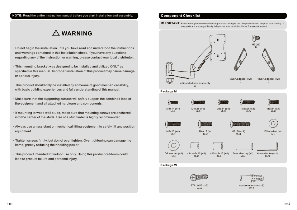 Warning | Monoprice 9745 Wall Mount Bracket User Manual | Page 2 / 6