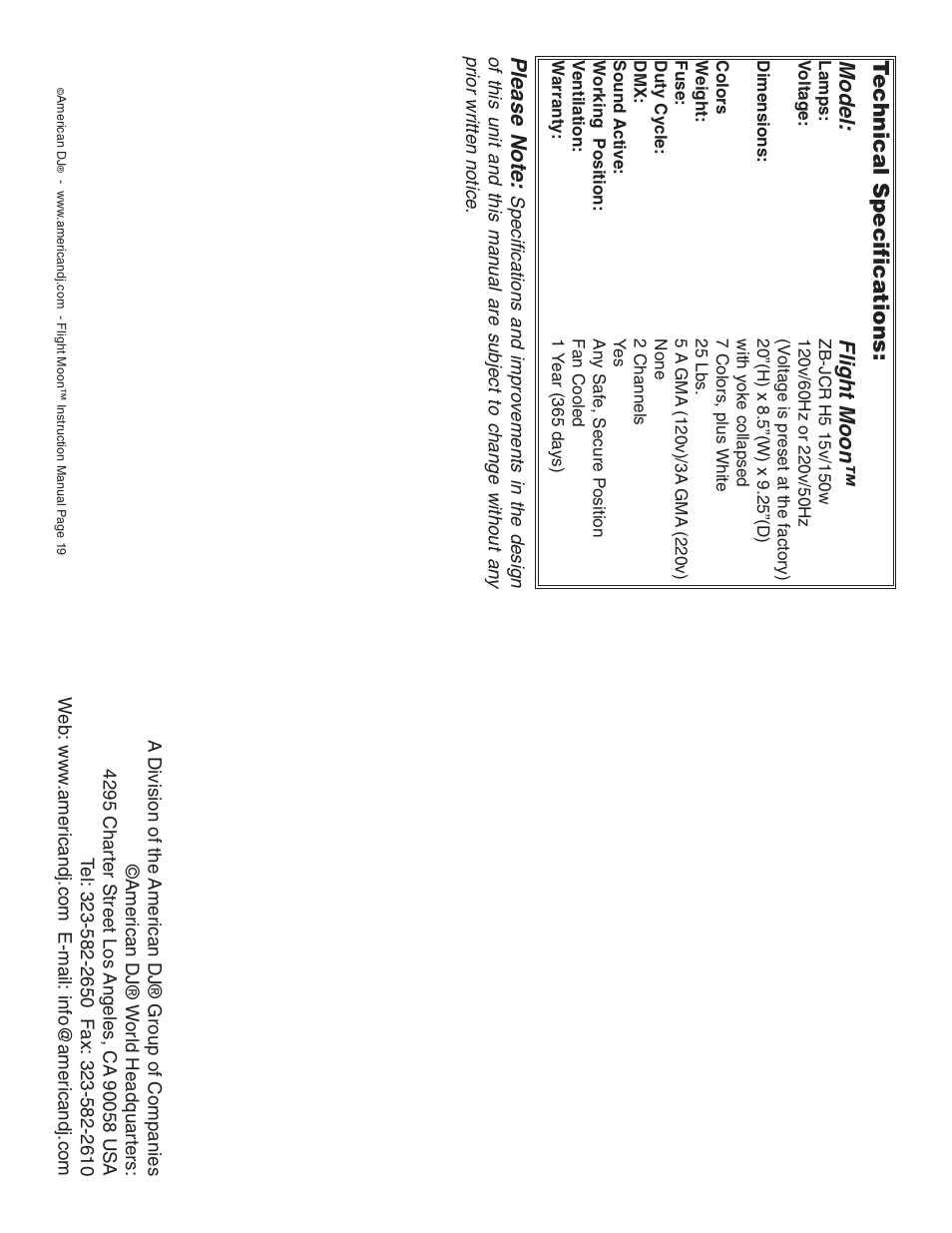 Technical specifications: model: flight moon | American DJ Flight-Moon User Manual | Page 10 / 10